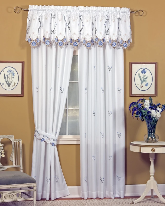 Today's Curtain Verona Reverse Embroidery Window Panel Pair and Tiebacks, 84-Inch, White/Blue - Image 1