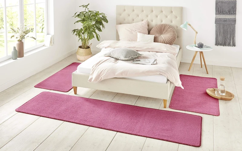 Hanse Home Nasty Rug Bed Border 3-Piece - Bed Rug Runner Short Pile Plain Runner Set for Children's Room Bedroom - Plain Pink, 2 x 70 x 140 cm 1 x 70 x 240 cm