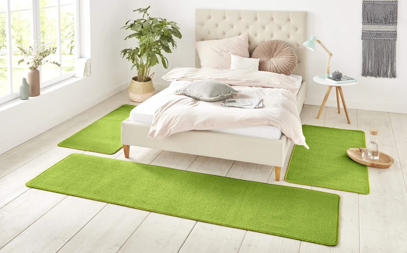 Hanse Home Nasty Rug Bed Border 3-Piece - Bed Rug Runner Short Pile Plain Runner Set for Children's Room Bedroom - Plain Green, 2 x 70 x 140 cm 1 x 70 x 240 cm