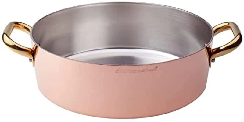 Pentole Agnelli ALCU10624 Low Copper Casserole with 2 Brass Handles, Hand-Tinned Smooth Copper, 24 cm