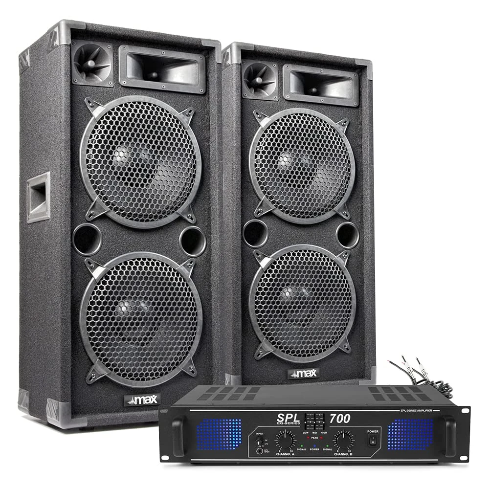DJ Amplifier & Speakers Package - Max210 Dual 10" Passive DJ Speakers Pair, Skytec SPL700 Power Amp & Cables - 700W 3-Way Sound System for Mobile DJs & Live PA Events