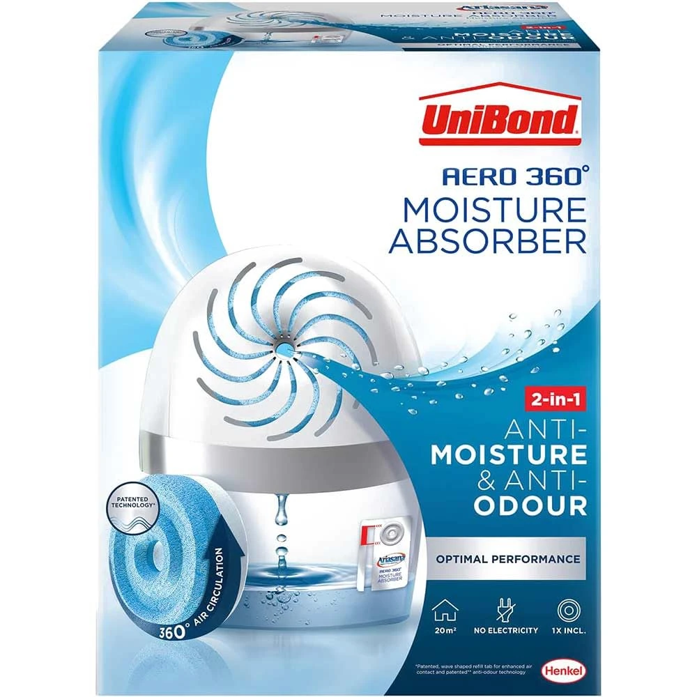 UniBond AERO 360º Moisture Absorber, Ultra-Absorbent Dehumidifier, Helps to Prevent Condensation, Mould & Musty Smells, Refillable Condensation Absorber, 1 Device incl. 1 Refill Tab 450 g