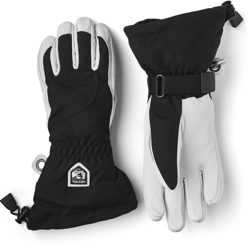Hestra Women's Heli Ski Female Glove, 5-Finger Leather Snow Glove for Skiing, Snowboarding and Mountaineering - Black/Offwhite - 7