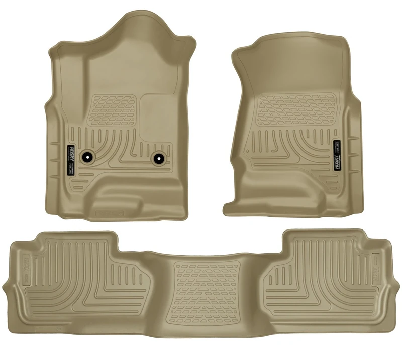 Husky Liners Weatherbeater Floor Mats | Fits 2014-2018 Chevrolet Silverado & GMC Sierra 1500; 2015-2019 2500/3500 Double Cab (Foot Well Coverage) | Front & 2nd Row, 3-pc Tan - 98243