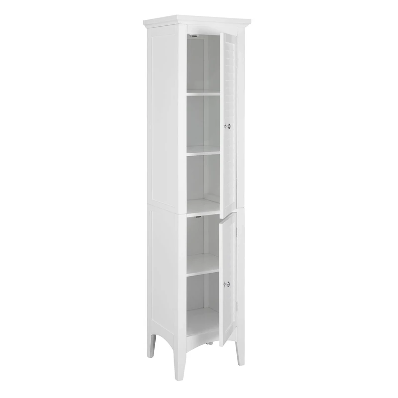 Teamson Home Free Standing Linen Storage Cabinet, Tall Bathroom Cabinet, Wooden Bathroom Storage, 2 Louvred Doors, 5 Shelves, White, Glancy Collection
