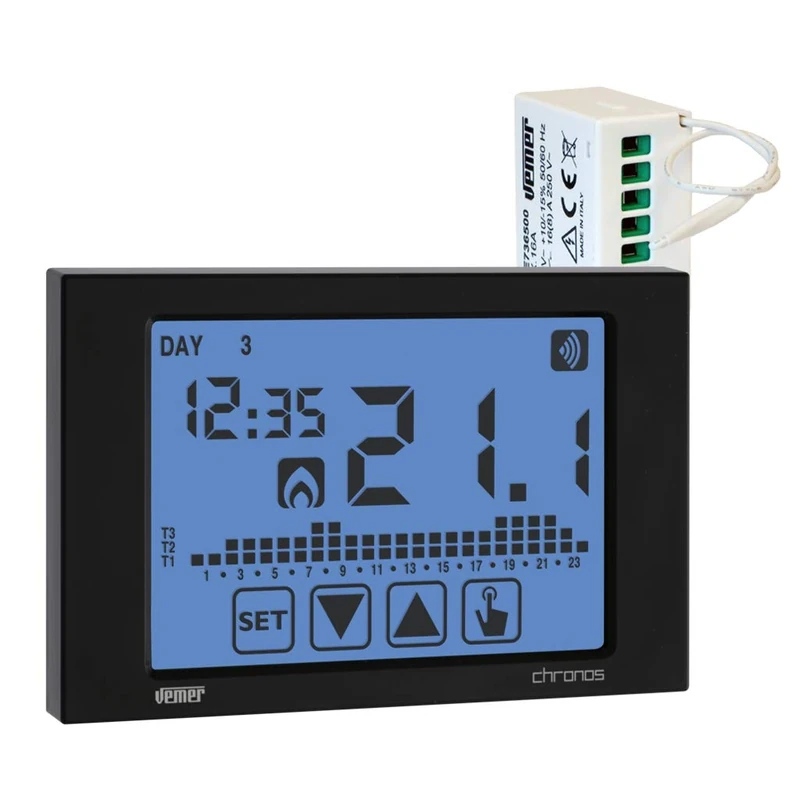 VEMER VE487500 model SET CHRONOS RF NERO Set chronothermostat Chronos RF + remote actuator RX.16A. Color black