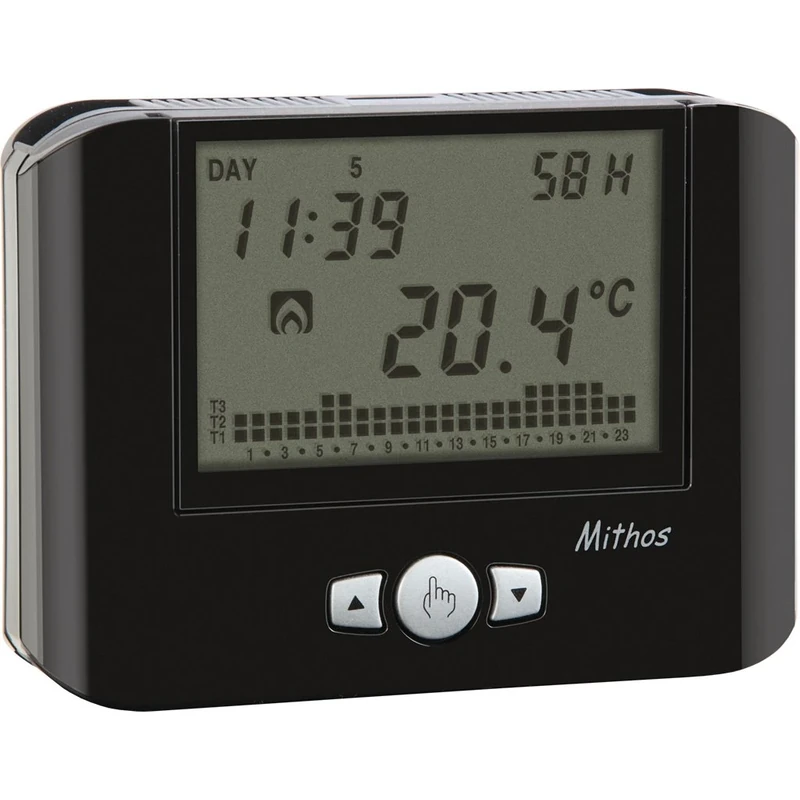 VEMER VE479200 model MITHOS H NERO Weekly chronothermostat with humidistat control function. Wall-mounting, color black