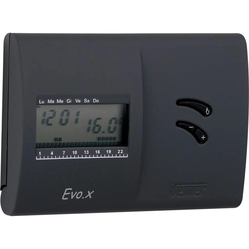 VEMER VN136800 model EVO.X NERO Weekly chronothermostat with battery supply. Wall-mounting. Color black