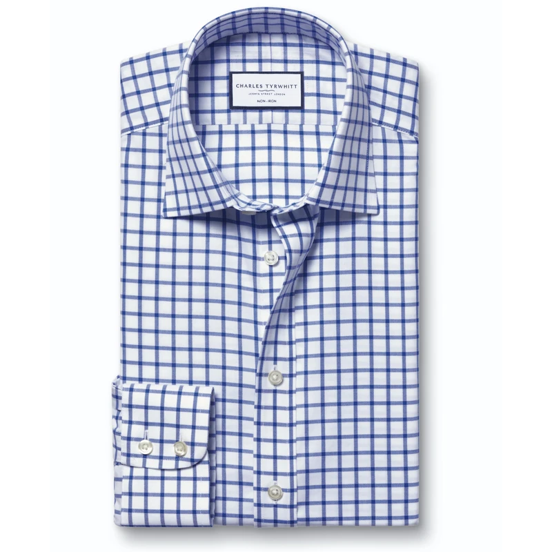 Charles Tyrwhitt Checked Shirts for Men - Non Iron with 100% Cotton Twill - Formal Dress Shirt for Work, Business & Weddings Cobalt Blue