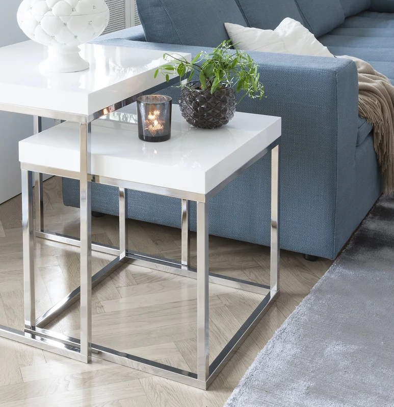 TemaHome Honeycomb Panel Plus Metal Prairie Nesting Side Tables with High Gloss White Plus Chrome Feet, 50 x 50 x 65 cm, White