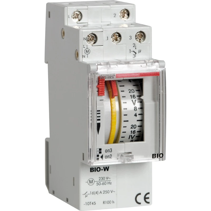 VEMER VE088100 model BIO-W Electromechanical time switch with weekly programming. DIN rail mounting. Color grey