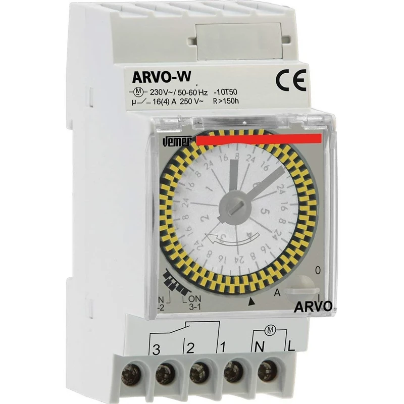 VEMER VP883300 model ARVO-W Electromechanical time switch with weekly programming. DIN rail mounting. Color grey