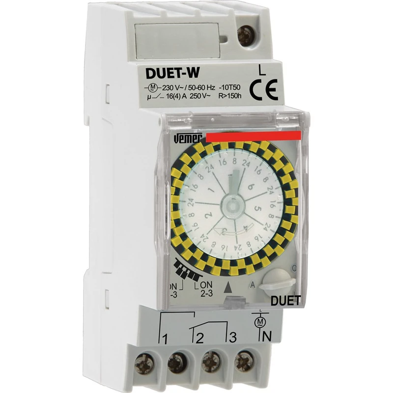 VEMER VE125100 model DUET-W Electromechanical time switch with weekly programming. DIN rail mounting. Color grey