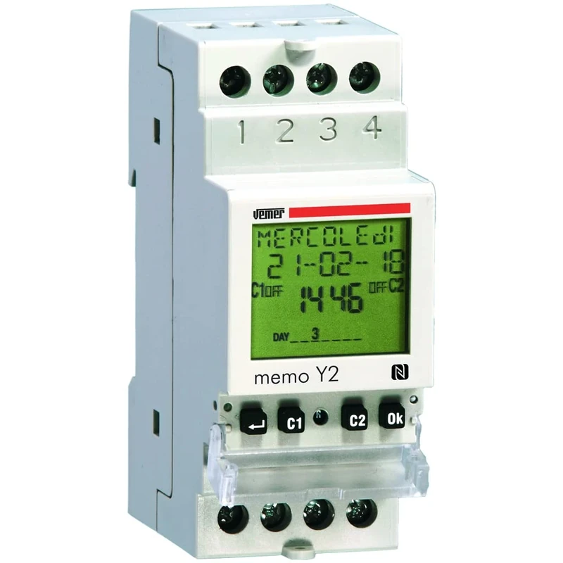 VEMER VE342200 model MEMO Y2 Digital time switch with daily/weekly/yearly programming and NFC interface. DIN rail mounting, 2 relays. Color grey