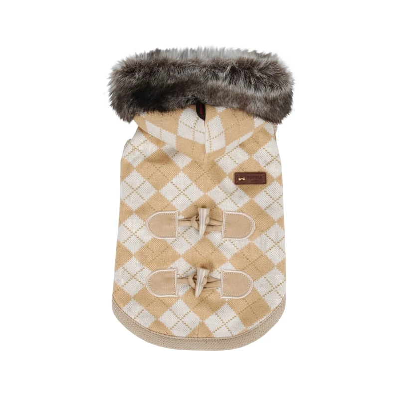 Puppia Authentic Argyle Mode Hooded Winter Dog Coat, Medium, Beige