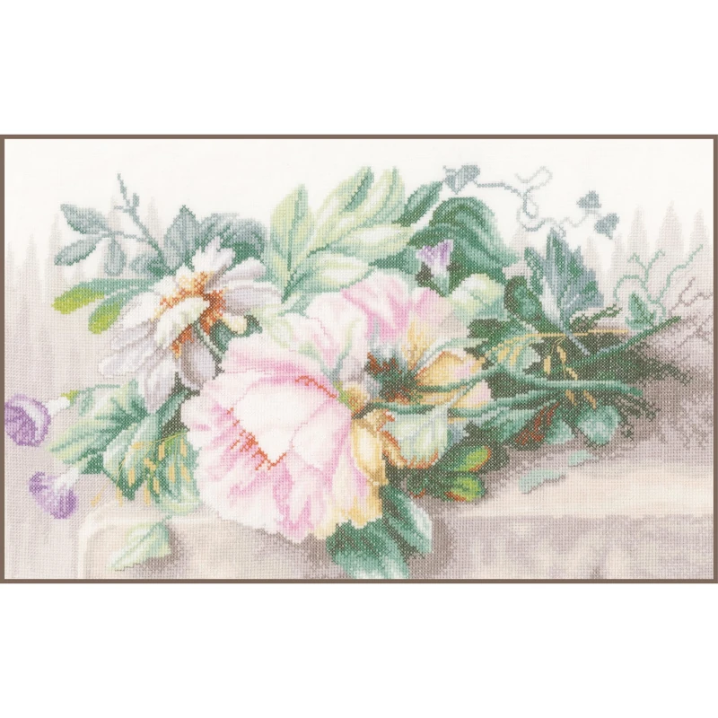 Lanarte Counted Cross Stitch KIT Flowers in TEAPOT (Linen)