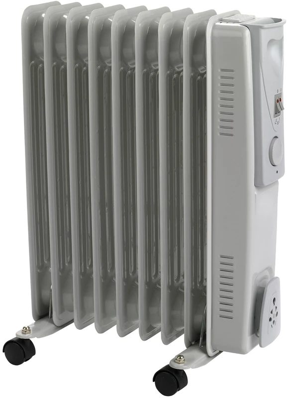 STATUS 9-Fin Oil-Filled Radiator 2000W, 3 Heat Settings with Adjustable Thermostat, Overheat and Tip-Over Protection, Easy-Roll Castors, White, Electric Heater (OFH9-20001PKB)