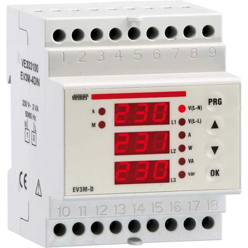VEMER VE333100 Model EV3M-D Three-Phase multimeter, DIN Rail mounting. 230Vac, Color Grey