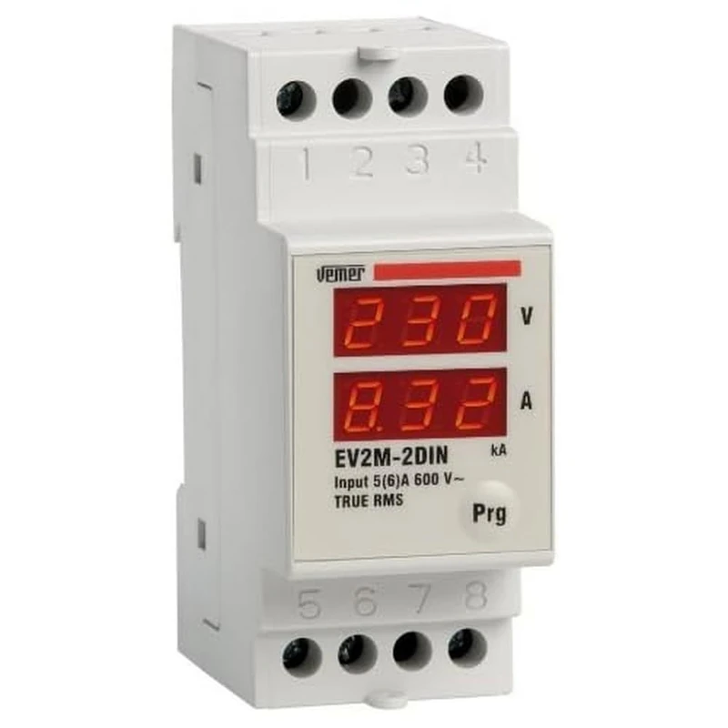 VEMER VE149100 EV2M-2DIN Digital Multimeter (Ammeter and Voltmeter) for Current and Voltage Display, Power Supply 230V, Installation on DIN Bar, White