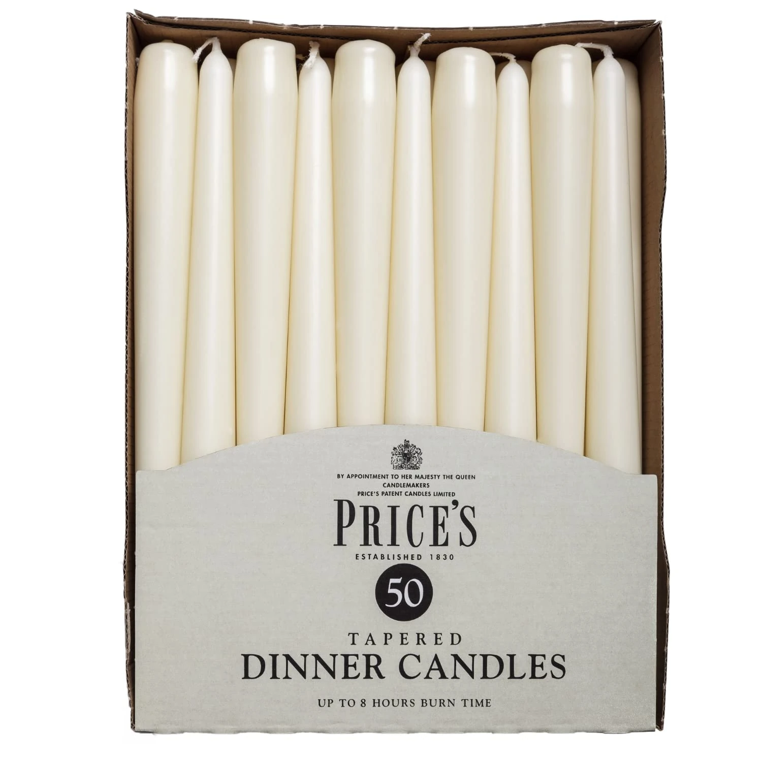 Price's Candles Tapered Dinner Candles Ivory Unscented Wax Pack of 50 | 7 Hour Burn Time Elegant Long Candles for Home Decor, Events, Celebrations & Dining