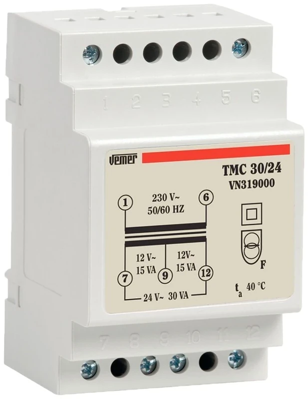 VEMER VN319000 model TMC 30/24 DIN-rail mounting safety transformer for continuous service 230V/12-24V. Color Grey