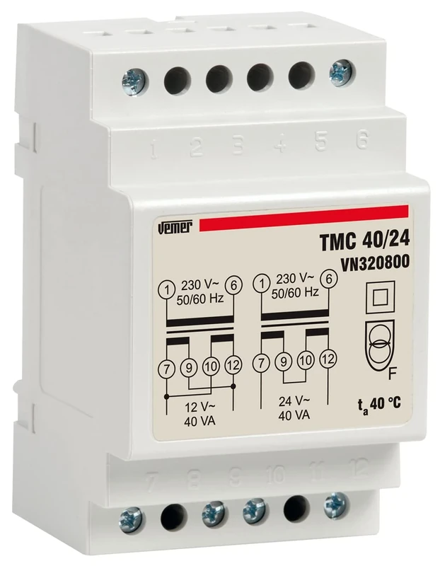 VEMER VN320800 model TMC 40/24 DIN-rail mounting safety transformer for continuous service 230V/12-24V. Color Grey