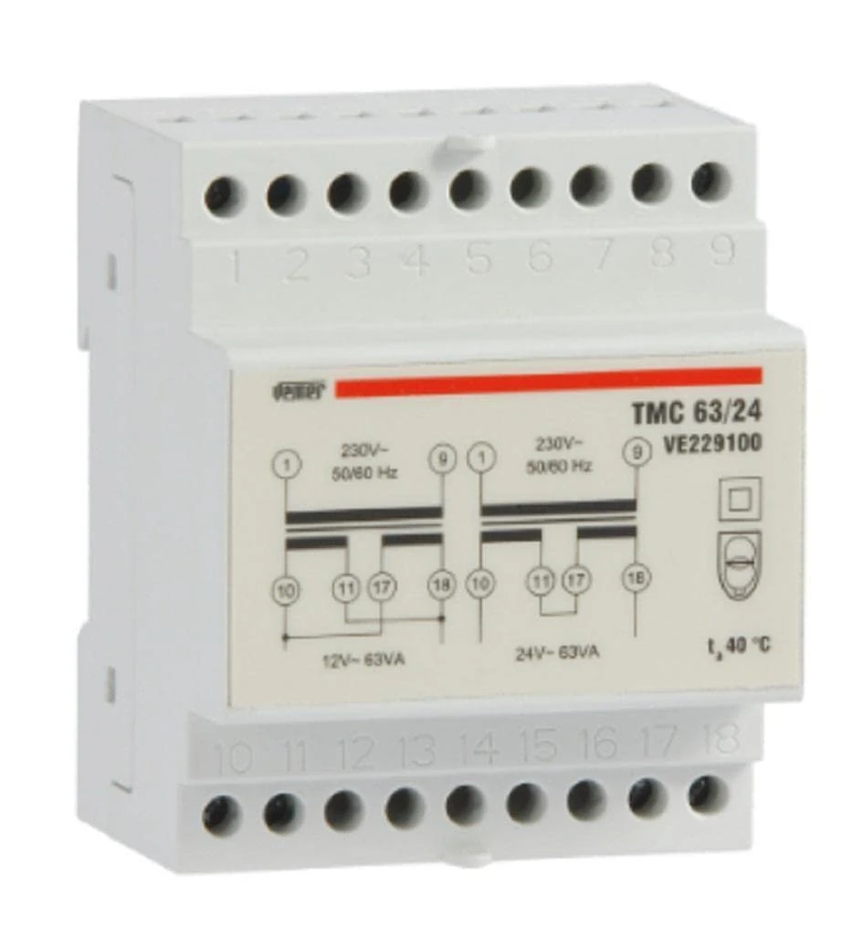 VEMER VE229100 model TMC 63/24 DIN-rail mounting safety transformer for continuous service 230V/12-24V. Color Grey