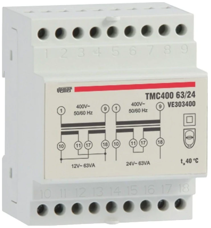 VEMER VE303400 model TMC 400 63/24 DIN-rail mounting safety transformer for continuous service 400V/12-24V 63A. Color Grey