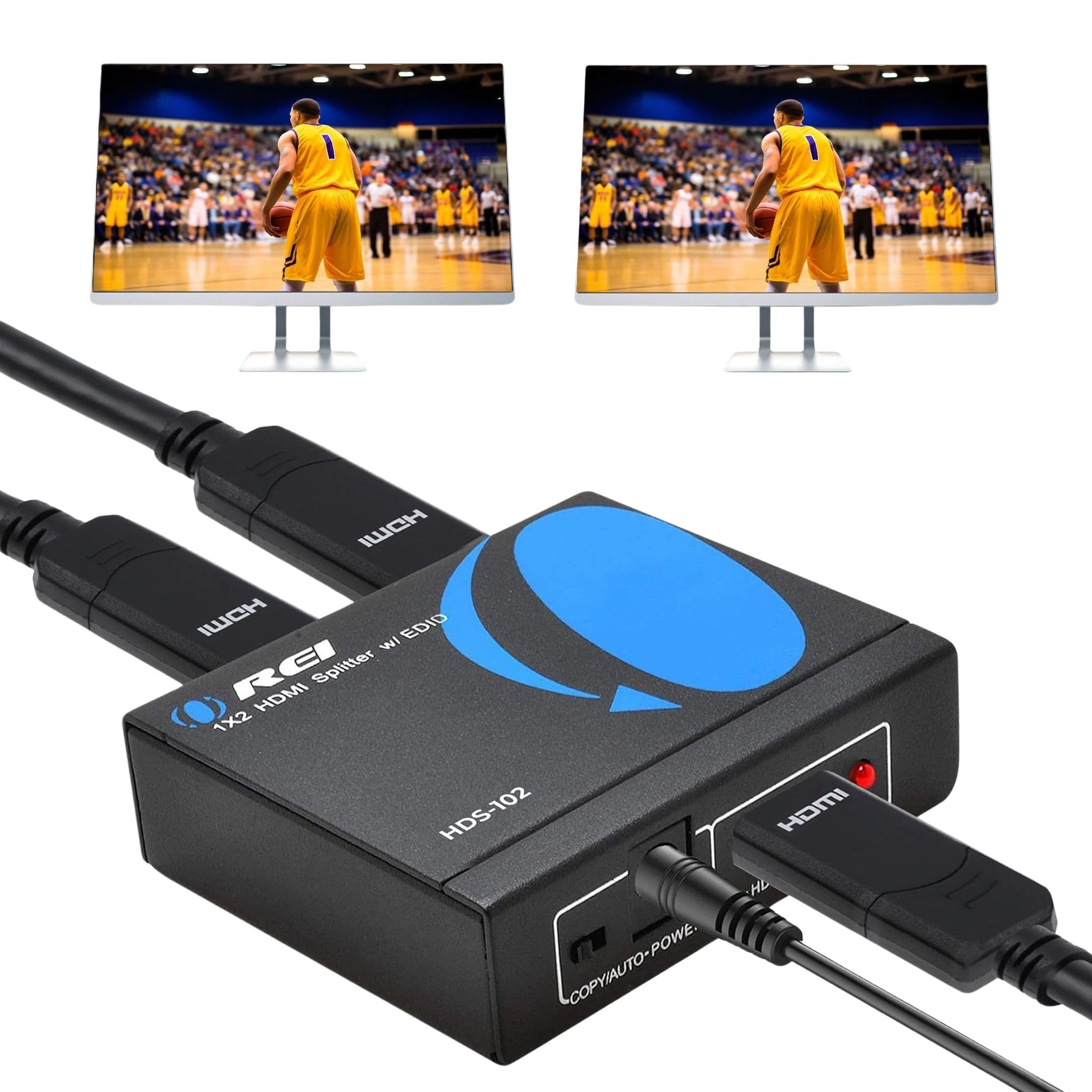 4K 1 in 2 Out HDMI Splitter by OREI - Ultra HD 4K @ 30 Hz 1x2 V. 1.4 HDCP, Power HDMI Supports 3D Full HD 1080P for Xbox, PS4 PS3 Fire Stick Blu Ray Apple TV HDTV - Adapter Included