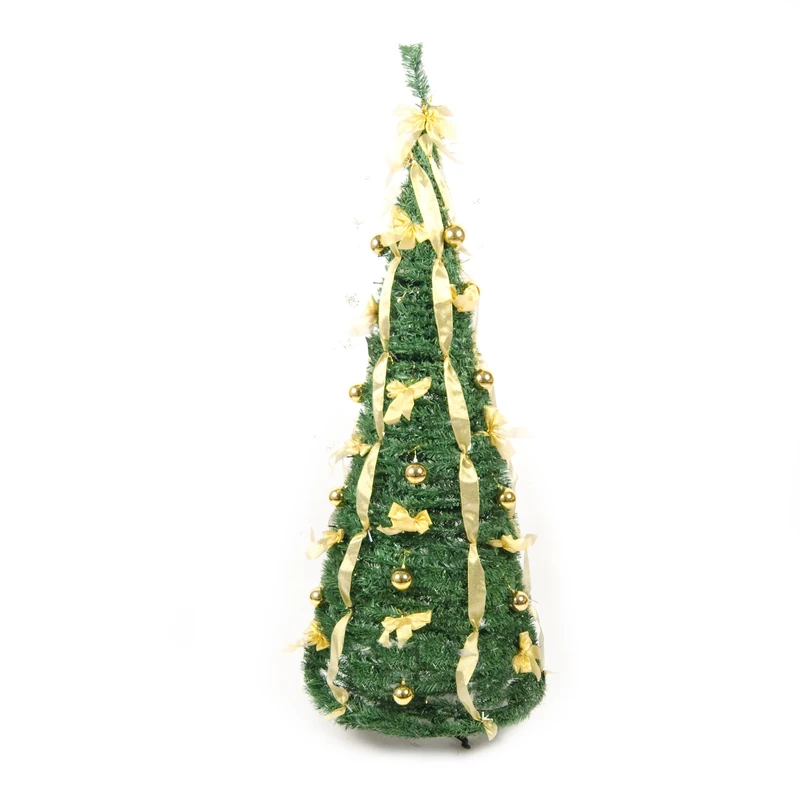 WeRChristmas 6 ft Pre-Lit Pop Up Christmas Tree with Ribbon and Bauble Decorations, Green/ Gold