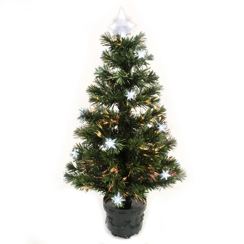 WeRChristmas 3 ft Pre-Lit Fibre Optic Christmas Tree with 16-Star Decorations, White/ Green