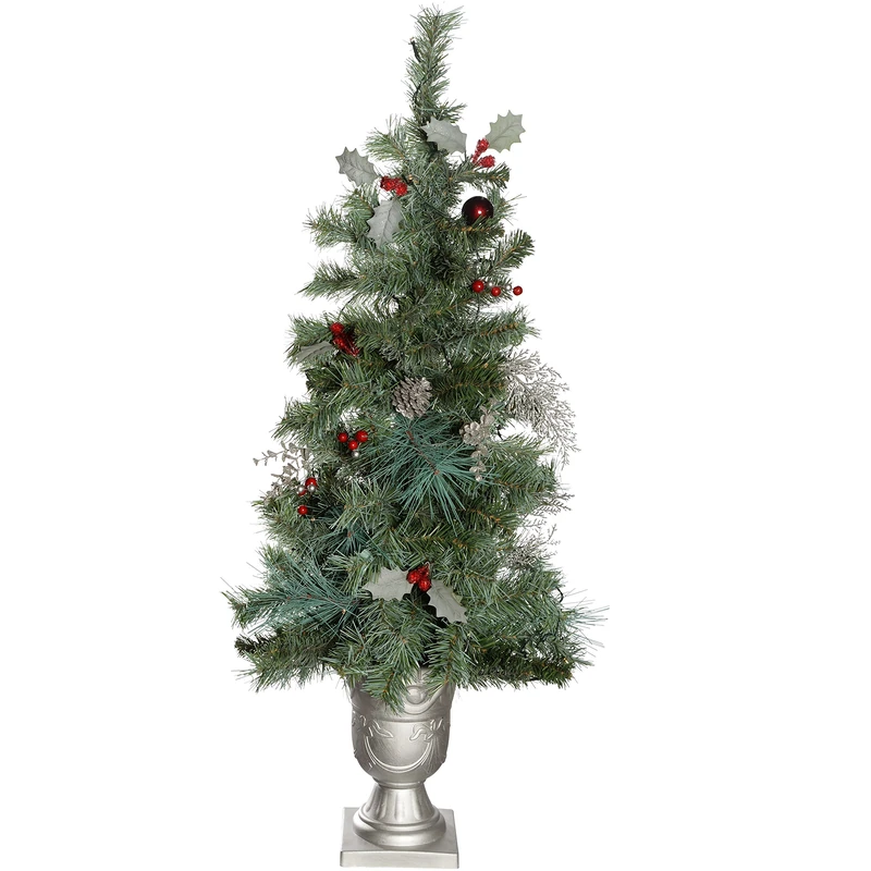 WeRChristmas 3.5 ft Pre-Lit Potted Holly Berry Decorated Christmas Tree with 42-LED Lights, Silver - Image 1