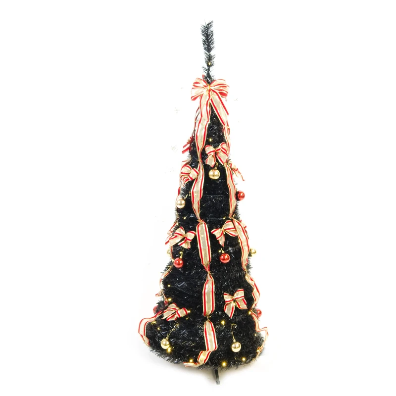 WeRChristmas 5 ft Pre-Lit Pop Up Christmas Tree with Ribbon and Bauble Decorations, Black/ Red/ Gold