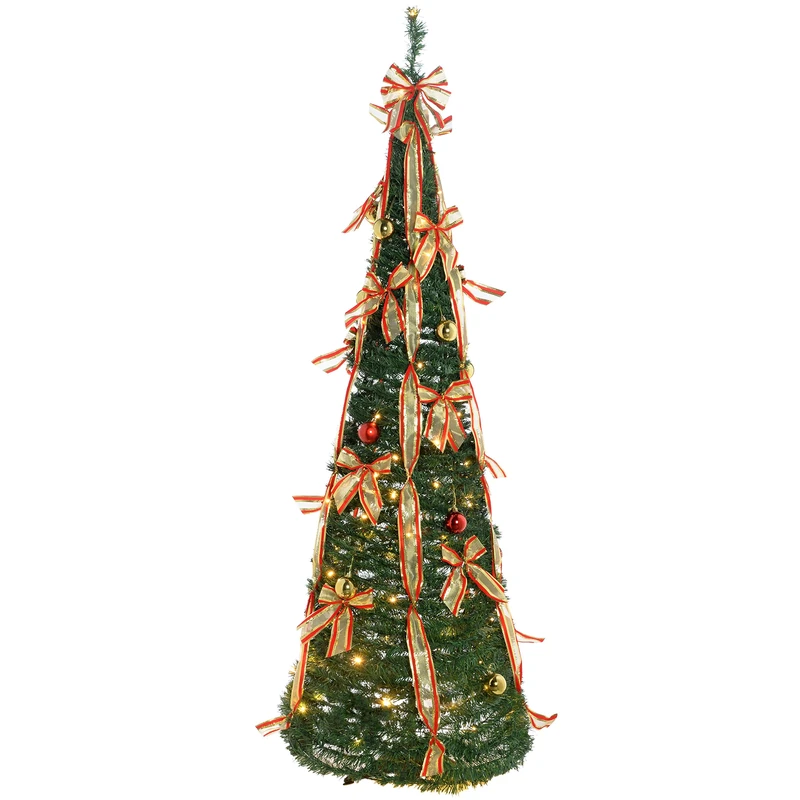 WeRChristmas Pre-Lit Pop Up Christmas Tree with Ribbon and Bauble Decorations, 5 ft/1.5 m - Green/Red/Gold