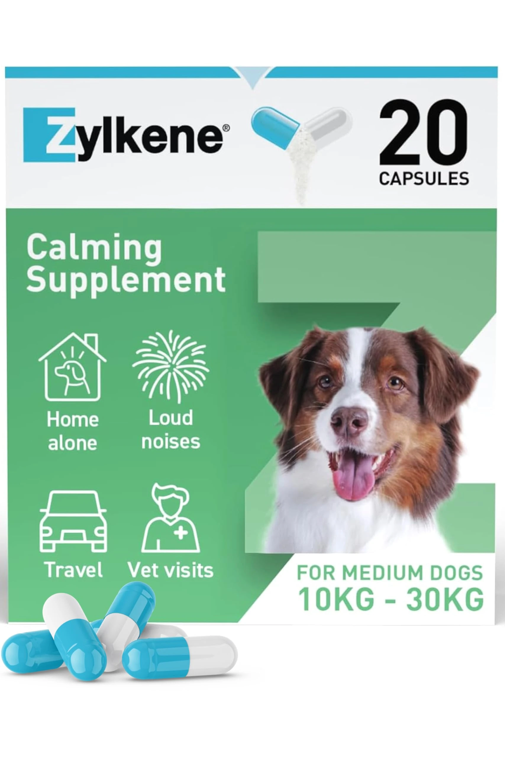 Zylkene Calming Supplements for Medium Dogs (10 to 30kg) 225mg | Promotes Relaxation | Helps Pets cope with short-term challenging situations: Loud Noises | Easily administered | 20 capsules