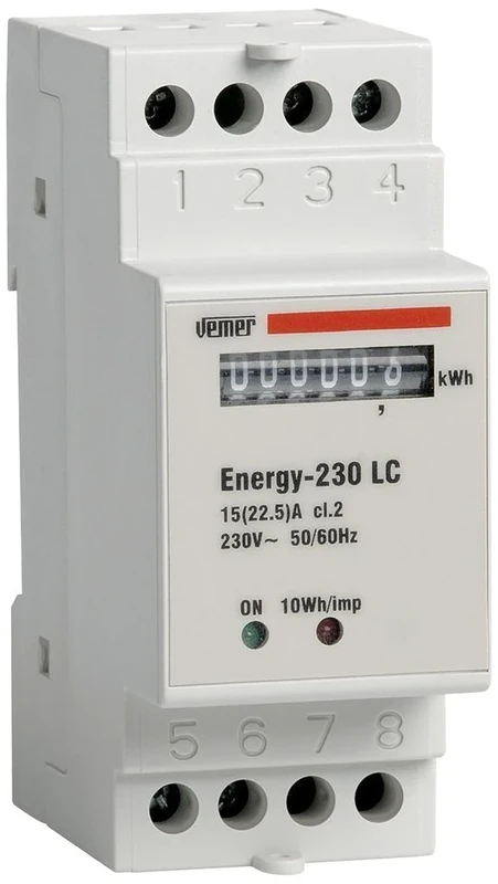 VEMER VN960100 Model ENERGY-230 LC DIN-Rail mounting Energy Meter to Display Active Energy Consumption in Single-Phase Systems. Direct max Current 22,5A
