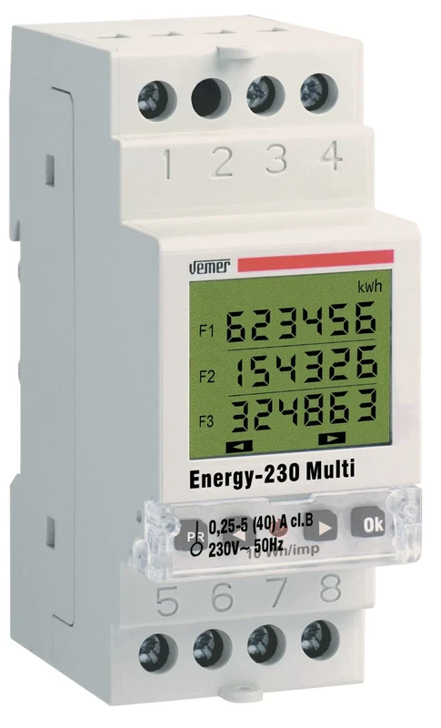 VEMER VE429700 Model ENERGY-230 Multi Single-Phase Energy Meter for Active Energy max. 40A. DIN Rail mounting