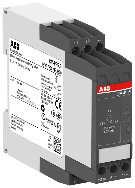 ABB CM-PFS.S 3 Phase Monitoring Relay 2c/o, L1-L2-L3=200-500V AC 50/60Hz (ABB1SVR730824R9300)