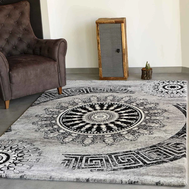 VIMODA tibet6447 Classical Living Room Rug Dich Woven Flecked Medallion Pattern Grey - grey/black, 47.24" x 66.93" - Image 1