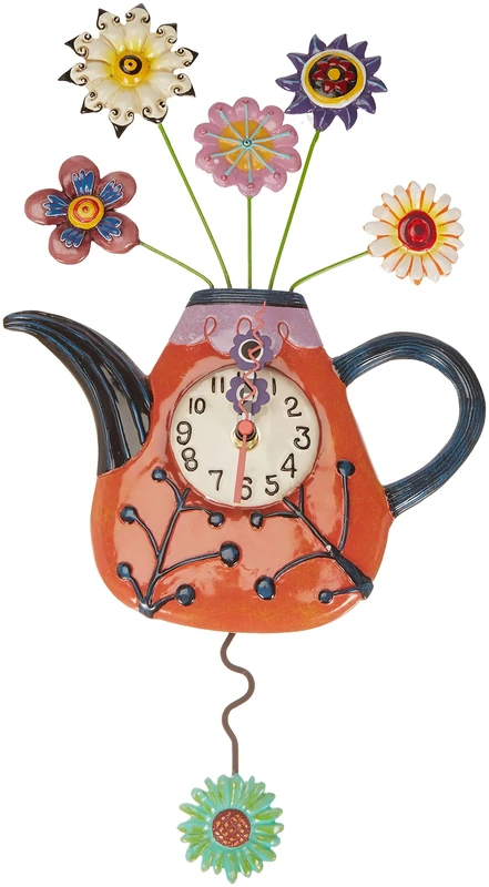 Enesco P9014 Wall Clock Teapot Red 42 cm with Flowers Resin