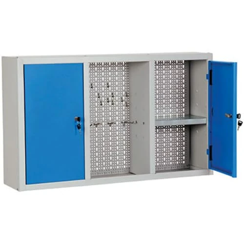 Pro.Metal Steel tool cabinet with 2 doors in blue colour. Bottom made with perforated panel to have the possibility of hanging tools and work tools.