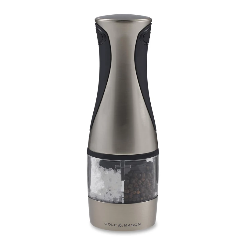 Cole & Mason Kew Electric Salt and Pepper Mill, Combi Mill with Adjustable Grind, Brushed Chrome, 210 mm, Single, Includes 1 x Electric Salt and Pepper Grinder