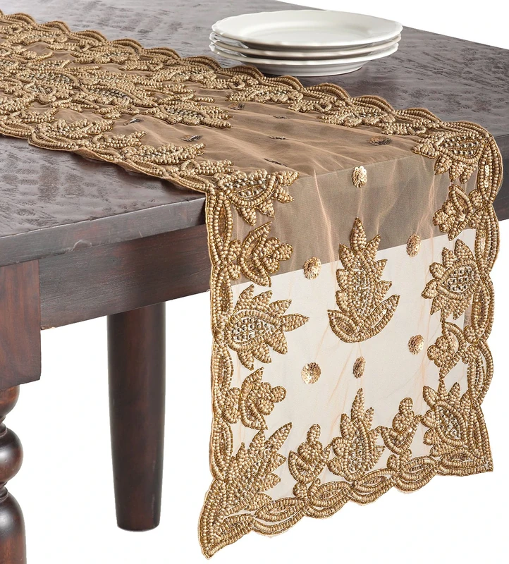 SARO LIFESTYLE Lakshmi Collection Beaded Table Runner, 16" x 72", Gold