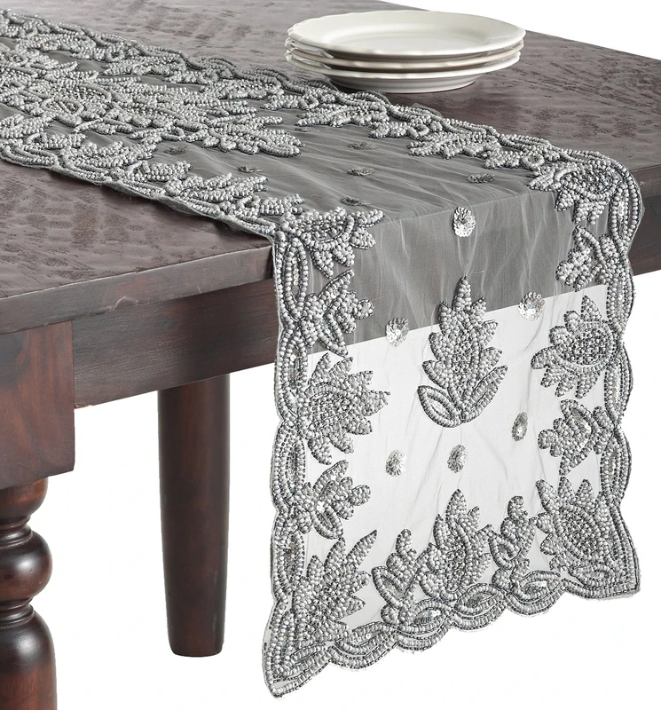 SARO LIFESTYLE Pewter Hand Beaded Design Table Runner, 16" x 72"