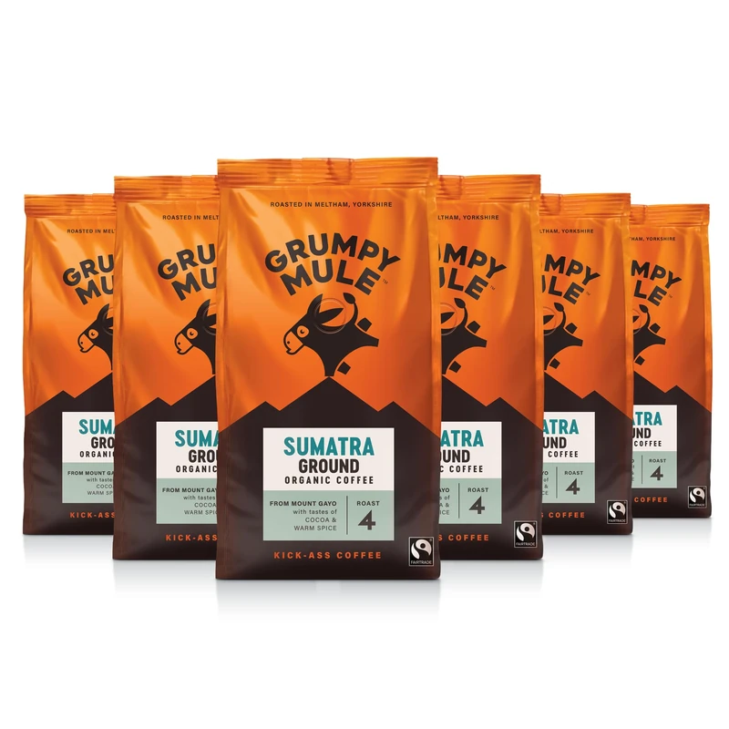 Grumpy Mule Sumatra Mount Gayo Organic (Ground Coffee) with notes of Cocoa and Warm Spice 200g (Pack of 6 - Total 1.2kg)