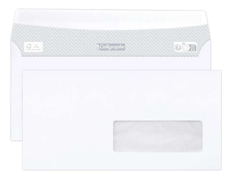 Calligraphe (Clairefontaine) 693C - Box of 500 White Envelopes - Size: DL-110x220mm - Self-Adhesive - 80g/m² - Window Crystal Paper 35x100 (position 20/20)