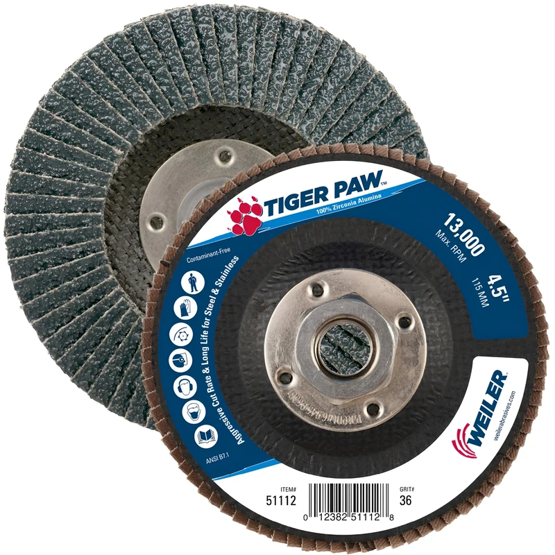 Weiler 51112 Tiger Paw High Performance Abrasive Flap Disc, Type 27 Flat Style, Phenolic Backing, Zirconia Alumina, 4-1/2" Diameter, 5/8"-11 Arbor, 36 Grit, 13000 RPM (Pack of 10)