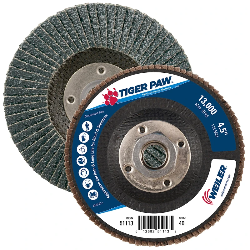 Weiler 51113 Tiger Paw High Performance Abrasive Flap Disc, Type 27 Flat Style, Phenolic Backing, Zirconia Alumina, 4-1/2" Diameter, 5/8"-11 Arbor, 40 Grit, 13000 RPM (Pack of 10)