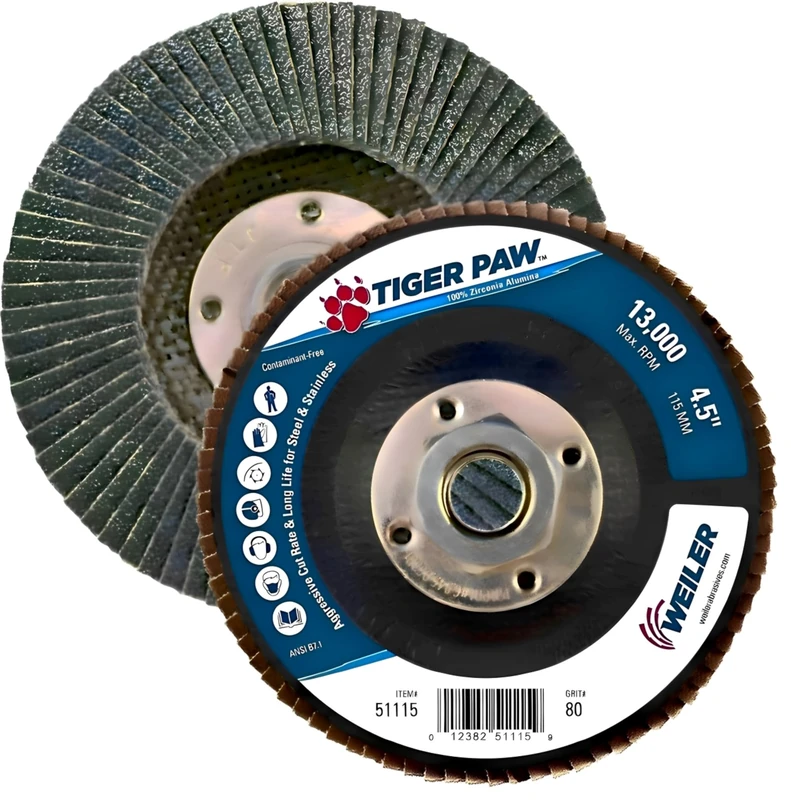 Weiler 51115 Tiger Paw High Performance Abrasive Flap Disc, Type 27 Flat Style, Phenolic Backing, Zirconia Alumina, 4-1/2" Diameter, 5/8"-11 Arbor, 80 Grit, 13000 RPM (Pack of 10)