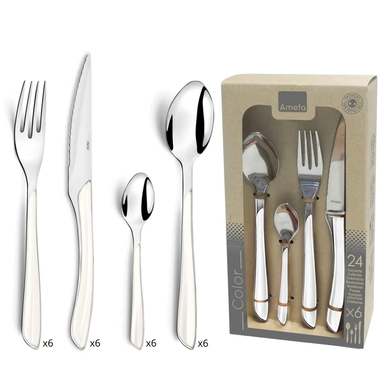 Amefa ECLAT White 24-Piece Cutlery Set for 6 | Stainless Steel Flatware with ABS Handles | Modern Tableware Set | Dishwasher Safe